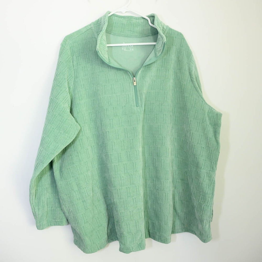 Denim & Co Pullover 2X Green Excellent Textured Jacquard Quarter Zip Mock Neck
